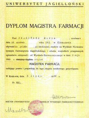 „Dyplom Magistra Farmacji” Marii Orman.  Ze zbiorów Anny i Kazimierza Kajów. 