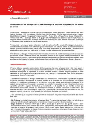 Finmeccanica a Le Bourget 2011: alta tecnologia e soluzioni integrate per un mondo più sicuro