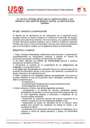 RD 404/2010. SISTEMA BONUS MALUS. BONIFICACIONES A LAS EMPRESAS QUE ADOPTEN MEDIDAS CONTRA LA SINESTRALIDAD LABORAL