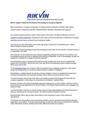 Rikvin Targets To Become The Number One Singapore Company Registrar