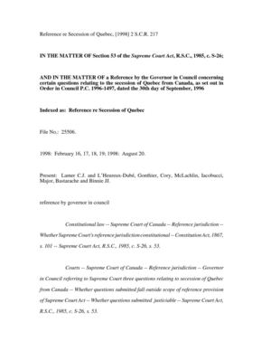 REFERENCE RE SECESSION OF QUEBEC, [1998] 2 S.C.R. 217 (Supreme Court of Canada, under s. 53 of the Supreme Court Act, Special Jurisdiction: Advisories)