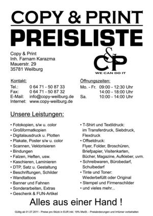 Copy und Print Weilburg - Preisliste - 07/2011