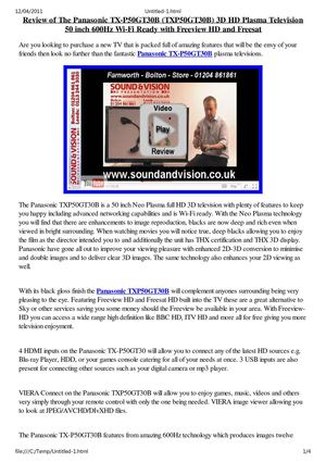 Panasonic Viera TX-P50GT30B (TXP50GT30B) Review - 50 Inch 3D Ready 600Hz Plasma Screen Freesat Freeview HD