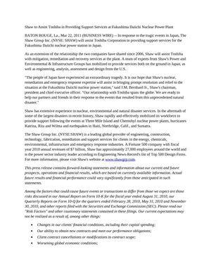 Shaw to Assist Toshiba in Providing Support Services at Fukushima Daiichi Nuclear Power Plant