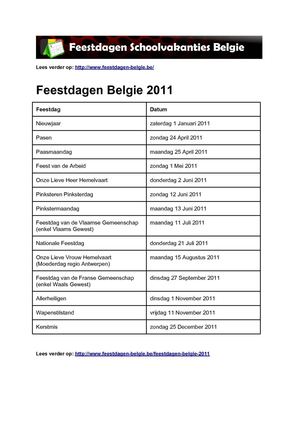 Feestdagen 2011 Belgie