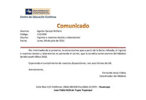 Comunicado creado con combinar correspondencia Word 2010