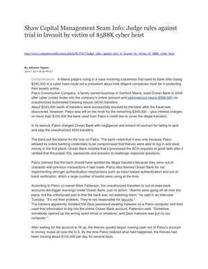 Shaw Capital Management Scam Info: Judge rules against trial in lawsuit by victim of $588K cyber heist