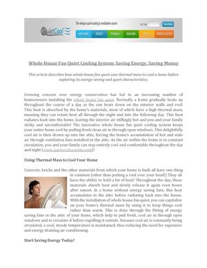 Whole House Fan Quiet Cooling System: Saving Energy, Saving Money