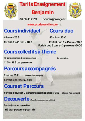 Tarifs enseignement cours Golf de Yerville Rouen Seine Maritime