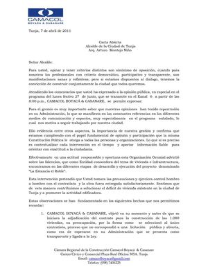 Carta abierta de Camacol al Alcalde de Tunja