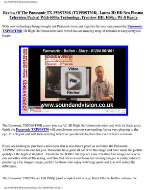 Panasonic Viera TX-P50ST30B (TXP50ST30B) Review - 50 Inch 3D Ready 1080p 600Hz Plasma Tv Freeview HD