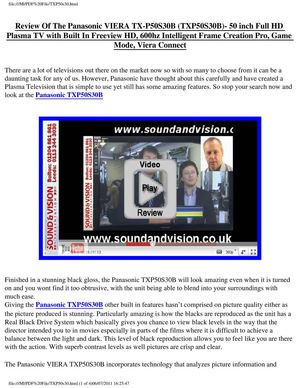 Panasonic Viera TX-P50S30B (TXP50S30B) Review - 50 Inch Full HD 1080p 600Hz Plasma Screen Freeview HD