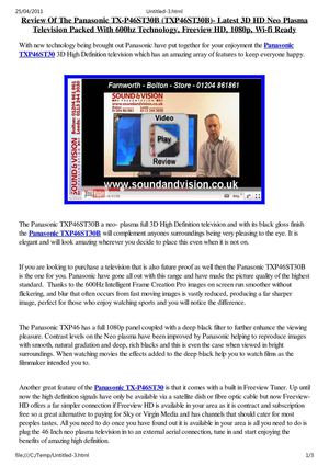 Panasonic Viera TX-P46ST30B (TXP46ST30B) Review - 46 Inch Full HD 3D Ready 1080p 600Hz Plasma Freeview HD