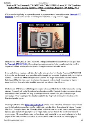 Panasonic Viera TX-P42ST30B (TXP42ST30B) Review - 42 Inch Full HD 3D Ready 1080p 600Hz Plasma Freeview HD