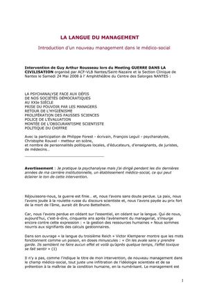                       LA LANGUE DU MANAGEMENT Introduction d’un nouveau management dans le médico-social   Intervention de Guy Arthur Rousseau lors du Meeting GUERRE DANS LA CIVILISATION 