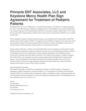 Pinnacle ENT Associates, LLC and Keystone Mercy Health Plan Sign Agreement for Treatment of Pediatric Patients