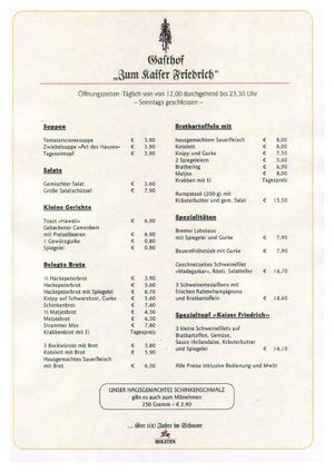 Speisekarte Gasthof zum Kaiser Friedrich Bremen