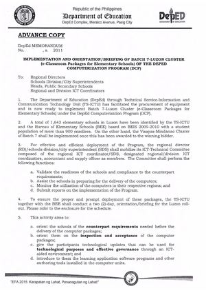 Recipients of DCP Batch 7 E-Classroom Packages for Elementary Schools Region I- Alaminos City, Candon City, Ilocos Norte, Ilocos Sur, La Union, Laoag City, Pangasinan I Lingayen, Pangasinan II Binalonan, San Carlos City, San Fernando City, Urdaneta. Regio