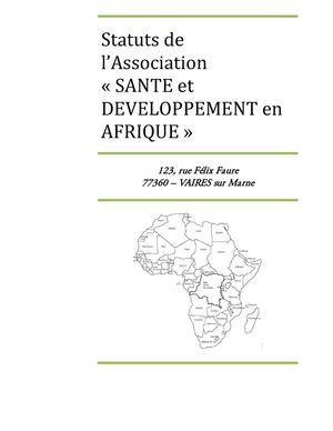 Les statuts de l'Association "Santé et Développement en Afrique" , Présidée par Dona-Mobeti