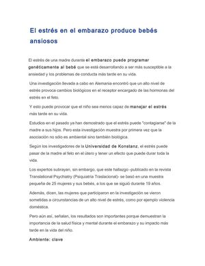 El estrés en el embarazo produce bebés ansiosos