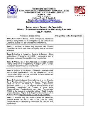 Temas Ensayo y Exposicion Fundamento Derecho Mercantil y Bancario Sec. 01 I-2011