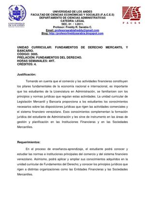 Programa Fundamentos Derecho  Mercantil y Bancario. Sec. 01. I-2011.