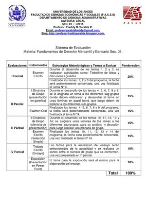 Sistema de Evaluación Fundamentos de Derecho  Mercantil y Bancario. Sec. 01. I-2011.