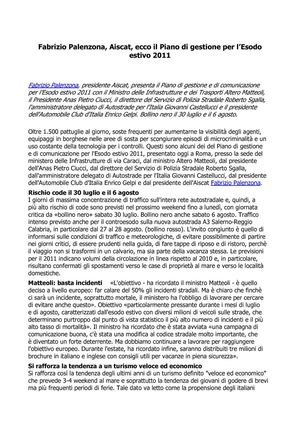 Fabrizio Palenzona, Aiscat, ecco il Piano di gestione per l’Esodo estivo 2011