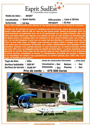 Proche Mornant à Saint-Sorlin, 30 mn de Lyon, achetez de particulier à particulier cette magnifique maison de 208m² avec piscine et retrouver tous nos biens sur www.espritsudest.com