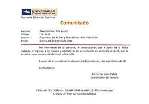 Comunicado Creado con Combinar Correspondencia de Word 2010