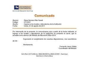 Comunicado creado con Combinar Correspondencia de Word 2010