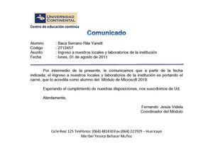 Comunicado creado con combinar correspondencia de Word 2010