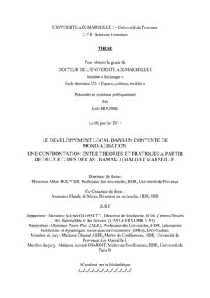 Thèse : DEVELOPPEMENT LOCAL DANS UN CONTEXTE DE MONDIALISATION. UNE CONFRONTATION ENTRE THEORIES ET PRATIQUES A PARTIR DE DEUX ETUDES DE CAS : BAMAKO (MALI) ET MARSEILLE. 