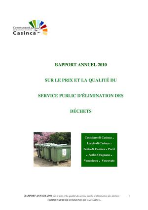 RAPPORT ANNUEL 2010 SUR LE PRIX ET LA QUALITÉ DU SERVICE PUBLIC D’ÉLIMINATION DES DÉCHETS