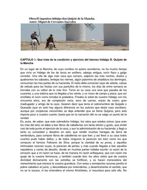 El ingenioso hidalgo Don Quijote de la Mancha. Capítulo I I y II 