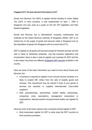 Singapore GST Services: General Information on GST