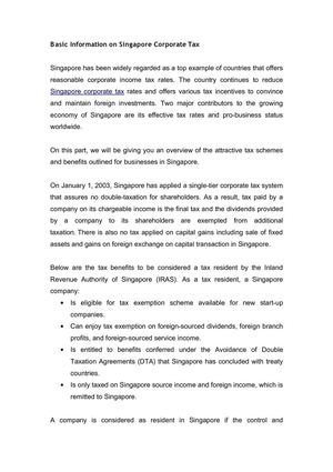 Basic Information on Singapore Corporate Tax