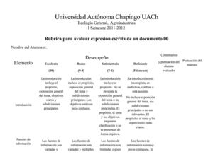 RUBRICA PARA EVALUAR LA EXPRESION ESCRITA