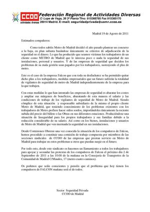 Comunicado CCOO Seguridad Privada_ Conflicto Metro Falcon