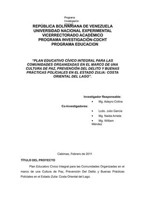  “PLAN EDUCATIVO CÍVICO INTEGRAL PARA LAS COMUNIDADES ORGANIZADAS EN EL MARCO DE UNA CULTURA DE PAZ, PREVENCIÓN DEL DELITO Y BUENAS PRÁCTICAS POLICIALES EN EL ESTADO ZULIA: COSTA ORIENTAL DEL LAGO”.