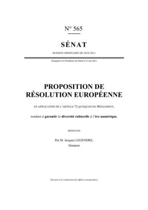 Proposition de résolution européenne tendant á garantir la diversité culturelle á l'ère numérique