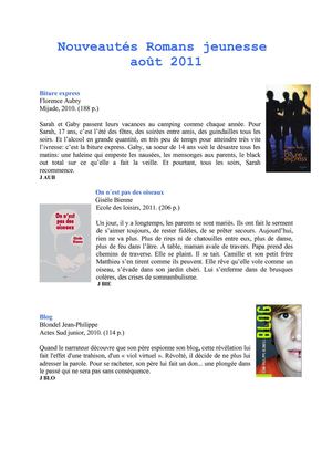 Nouveautée Jeunesse aout 2011