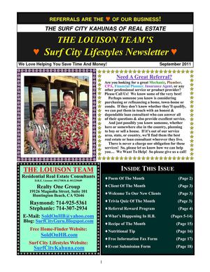 Surf City Lifestyles Newsletter - September 2011 Edition