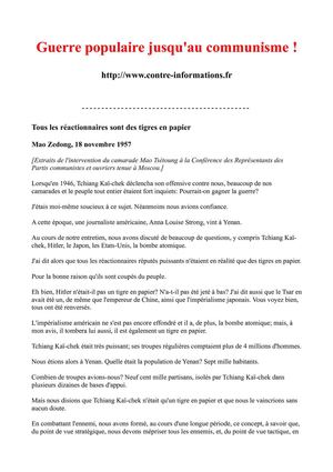 Mao Tsé-Toung : tous les réactionnaires sont des tigres en papier (18 novembre 1957)