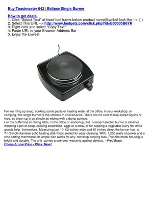 Toastmaster 6431 Eclipse Single Burner