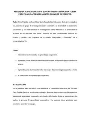 Reseña Aprendizaje Cooperativo y Educación Inclusiva: una forma práctica de aprender juntos alumnos diferentes - Pere Pujolás