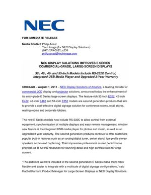 NEC DISPLAY SOLUTIONS IMPROVES E SERIES COMMERCIAL-GRADE, LARGE-SCREEN DISPLAYS
