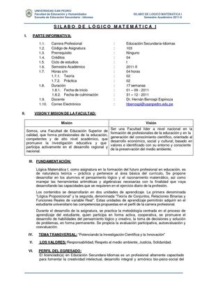 Silabo de Lógico Matemática I Educación Secundaria Idiomas