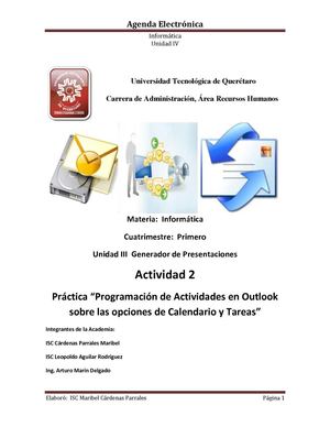 Unidad VI Agenda Electrónica  Actividad 2 Programación de Actividades en Outlook sobre las opciones de Calendario y Tareas