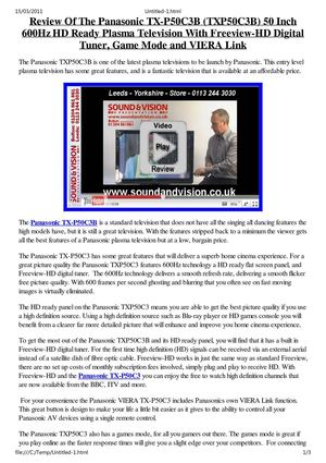 Panasonic Viera TX-P50C3B (TXP50C3B) Review - 50 Inch HD Ready 600Hz Plasma Tv Freeview HD